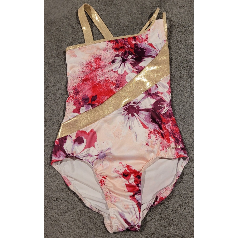 New Justice 1 Shoulder  Leotard&Matching Scrunchie Gymnastic/Dance Floral GoldXL